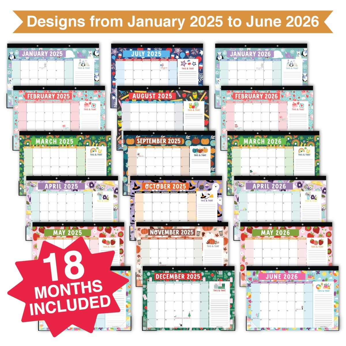 18 Month Large Doodle Desk Calendar: 2025 - 2026 - Hadley Designs Prek