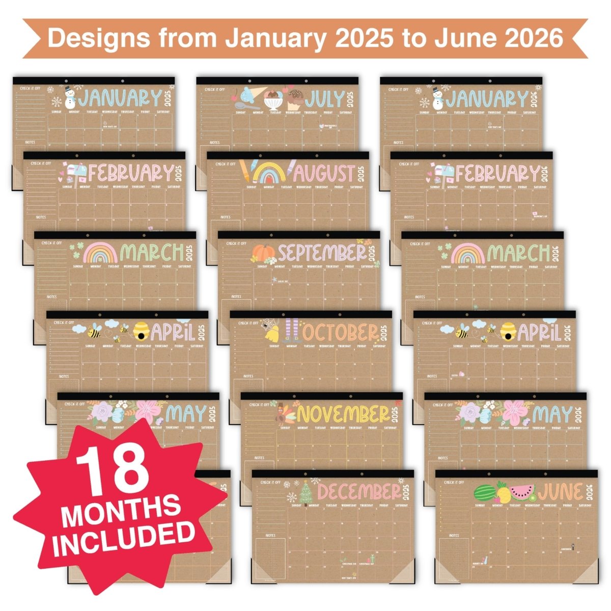 18 Month Large Kraft Desk Calendar: 2025 - 2026 - Hadley Designs Prek