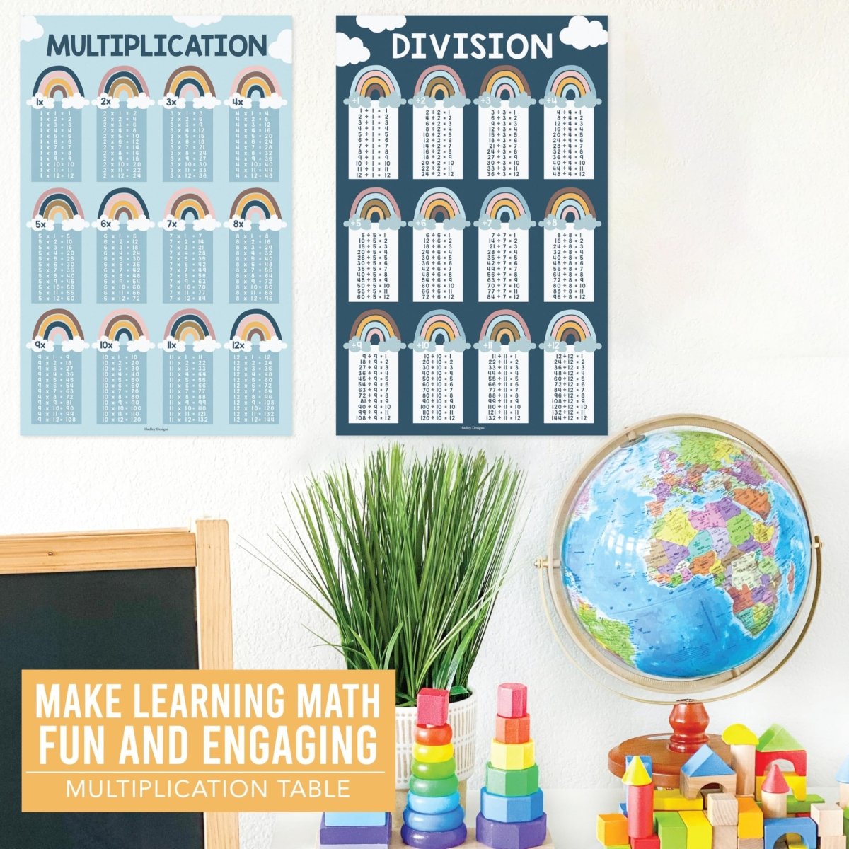 2 Boho Large Multiplication Chart Poster For Wall - Multiplication Table Chart, Multiplication Poster For Kids, Multiplication Charts For Kids, Multiplication Table Poster, Laminated Times Table Chart - Hadley Designs Prek