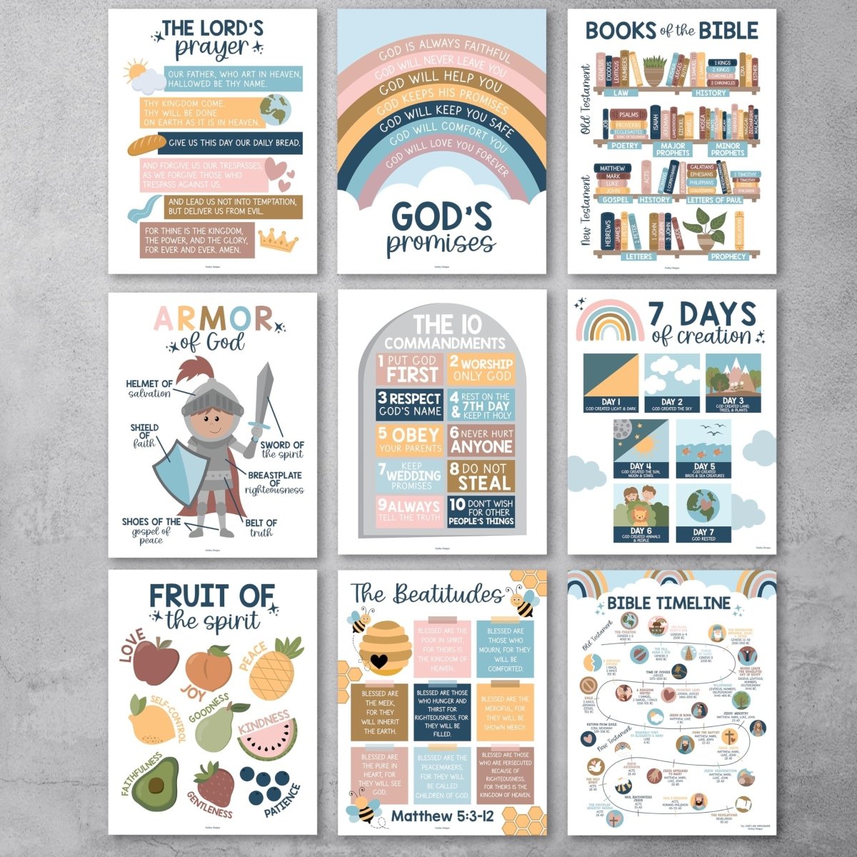 9 Boho Sunday School Decorations For Classroom - Sunday School Posters, Christian Posters, Christian Classroom Decor, Books Of The Bible Poster, 10 Commandments For Kids, Bible Timeline Chart - Hadley Designs Prek