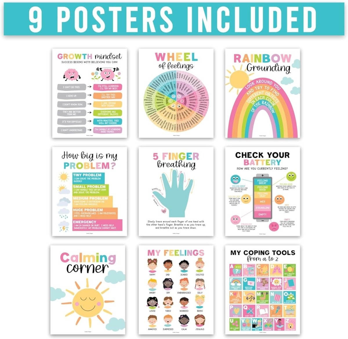 9 Colorful Calming Corner Posters For Classroom Must Haves For Teachers - Calm Down Corner Supplies Elementary, Feelings Chart For Kids Ages 4 - 8, Emotions Chart For Kids, Calming Corner Items Kids - Hadley Designs Prek