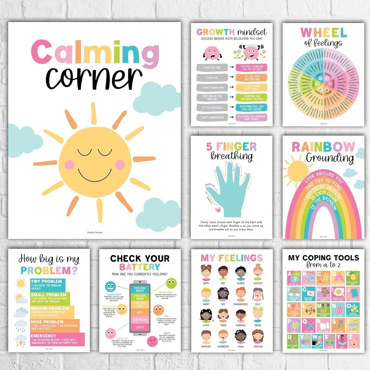 9 Colorful Calming Corner Posters For Classroom Must Haves For Teachers - Calm Down Corner Supplies Elementary, Feelings Chart For Kids Ages 4 - 8, Emotions Chart For Kids, Calming Corner Items Kids - Hadley Designs Prek