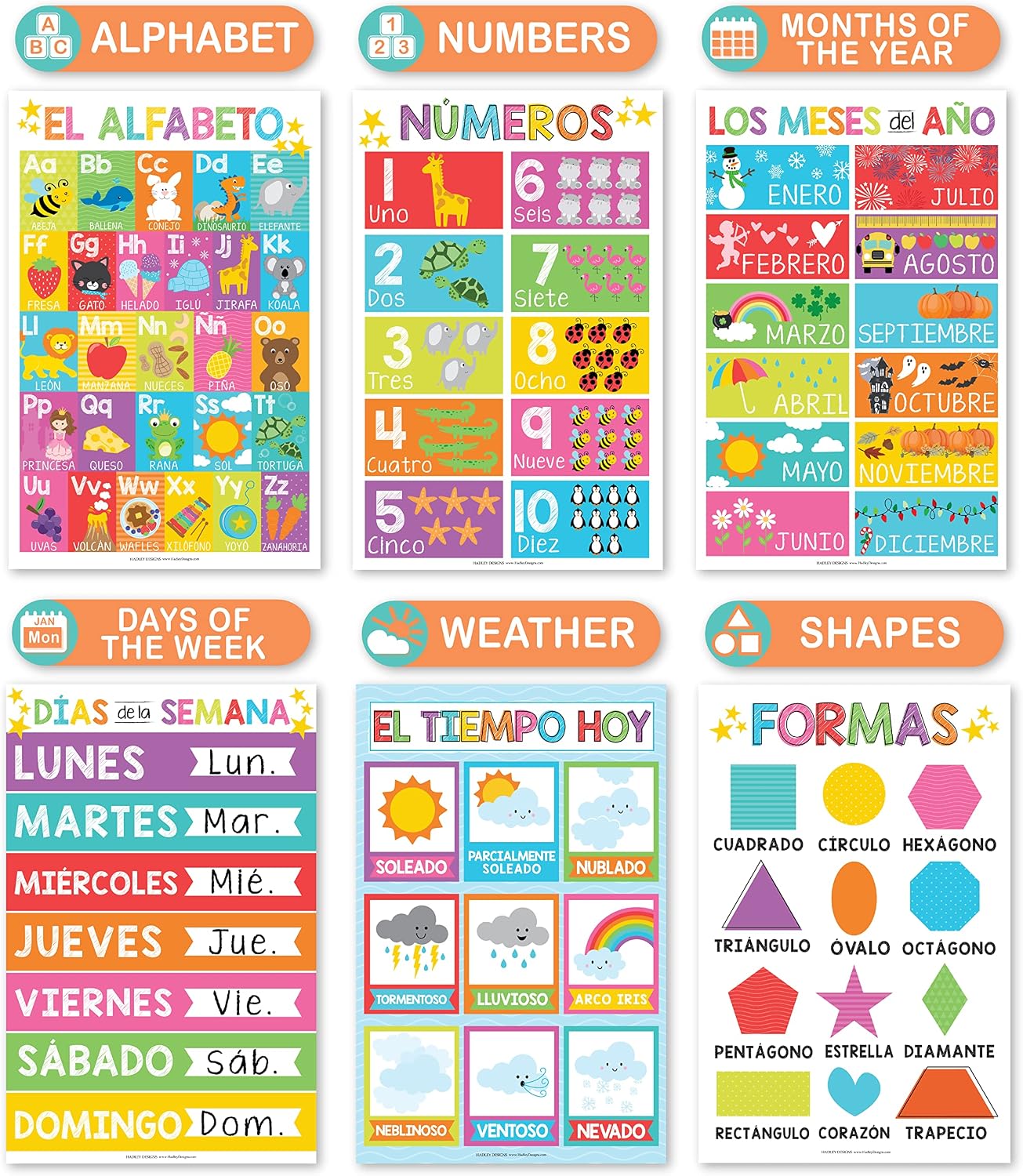 Spanish Pre-K Kit, Colorful 12 Poster Pack