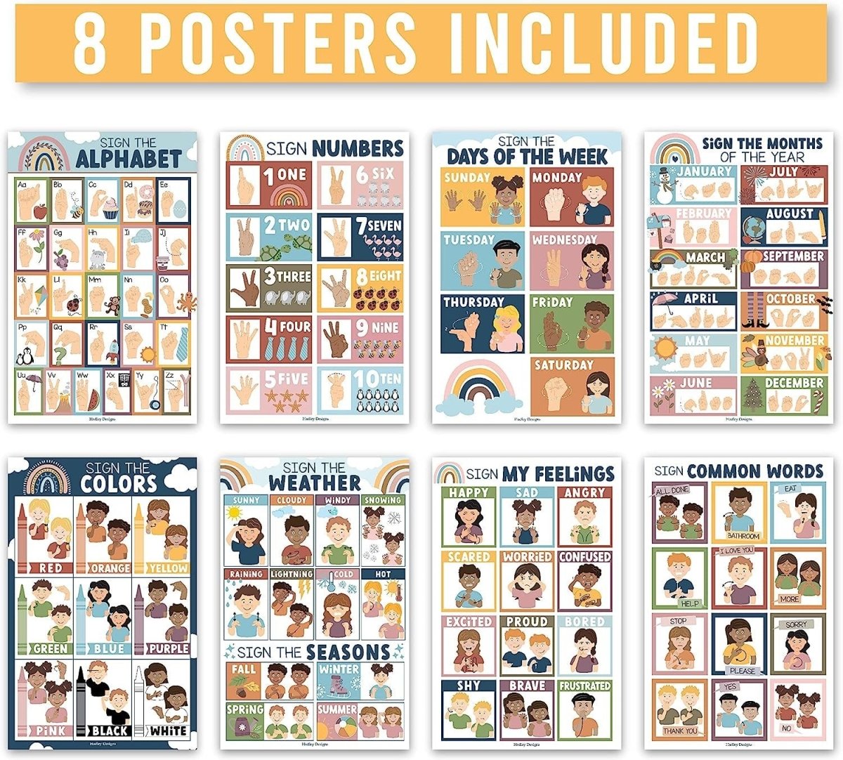 ASL Sign Language Kit: Boho 8 Poster Set - Hadley Designs Prek