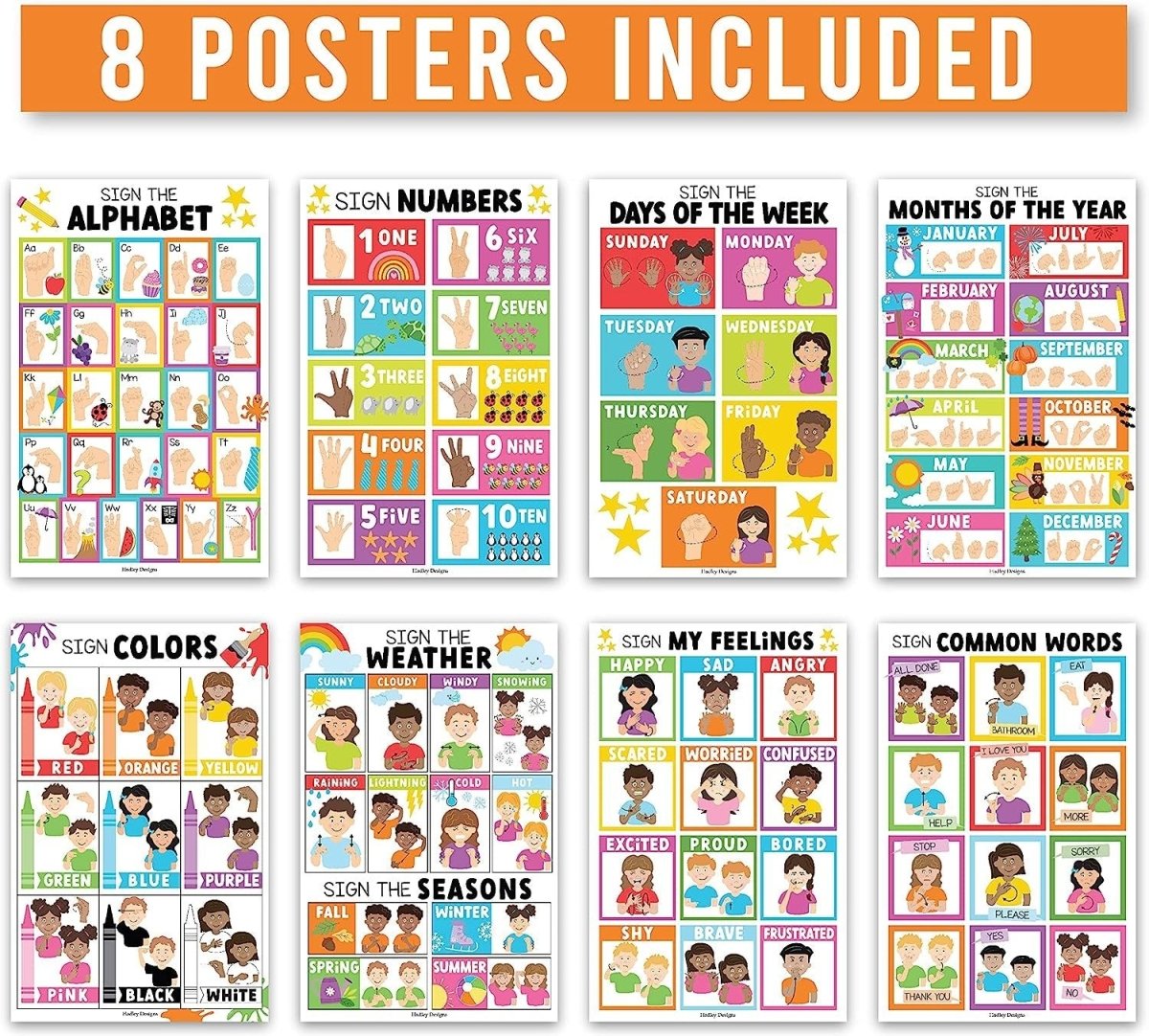 ASL Sign Language Kit: Colorful 8 Poster Set - Hadley Designs Prek