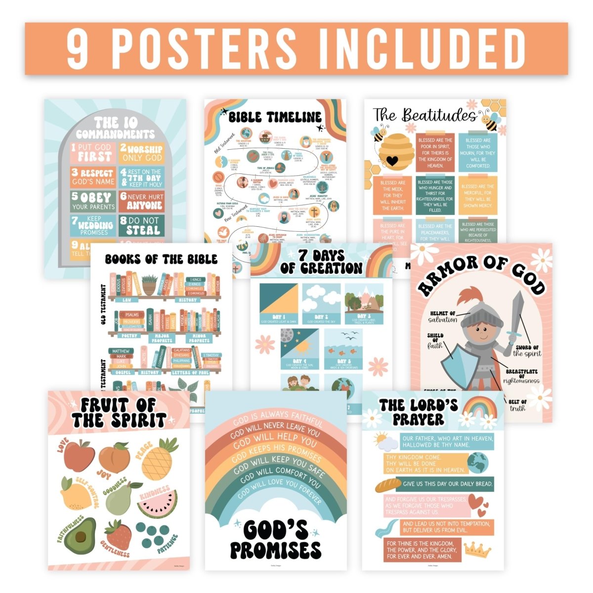 Bible Learning Kit, Retro 9 Poster Pack - Hadley Designs Prek