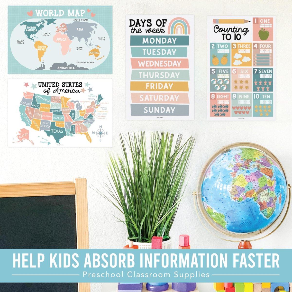 Boho Muted Educational Posters | Set of 16 | Classroom Supplies - Hadley Designs Prek