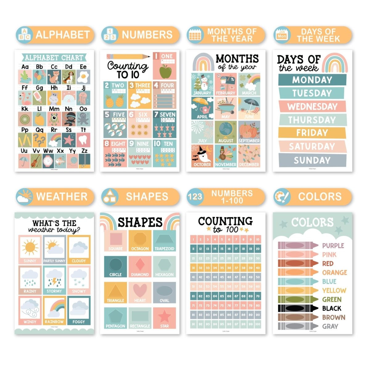 Boho Muted Educational Posters | Set of 16 | Classroom Supplies - Hadley Designs Prek