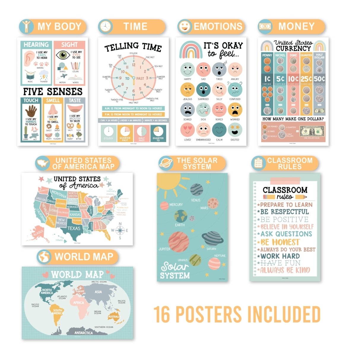 Boho Muted Educational Posters | Set of 16 | Classroom Supplies - Hadley Designs Prek