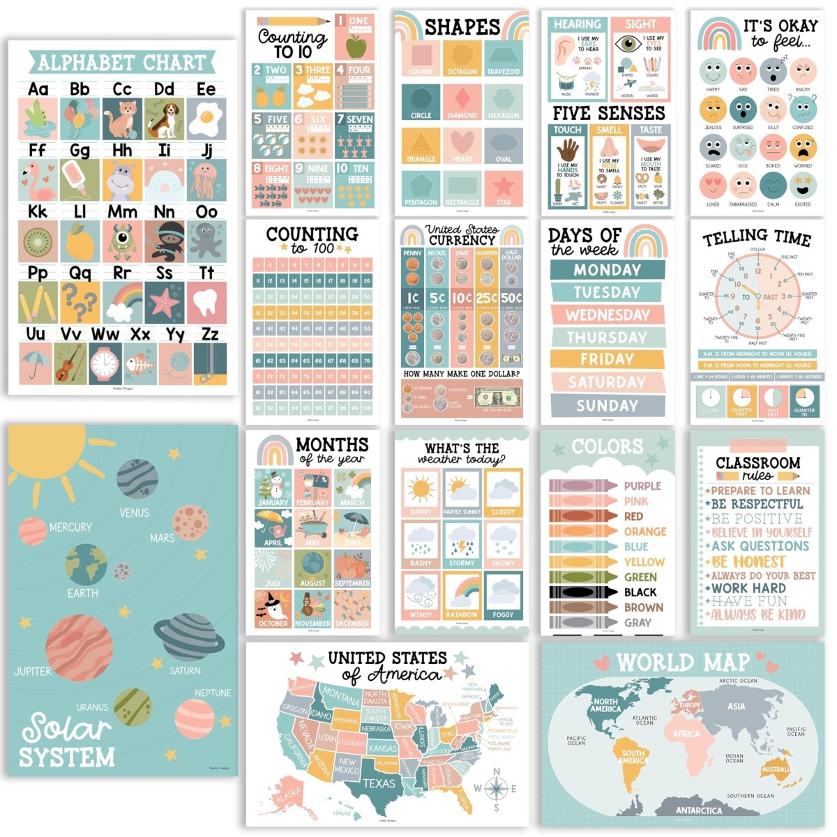 Boho Muted Educational Posters | Set of 16 | Classroom Supplies - Hadley Designs Prek