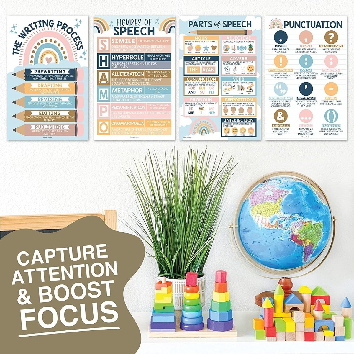 Boho Rainbow Grammar Posters - Hadley Designs Prek