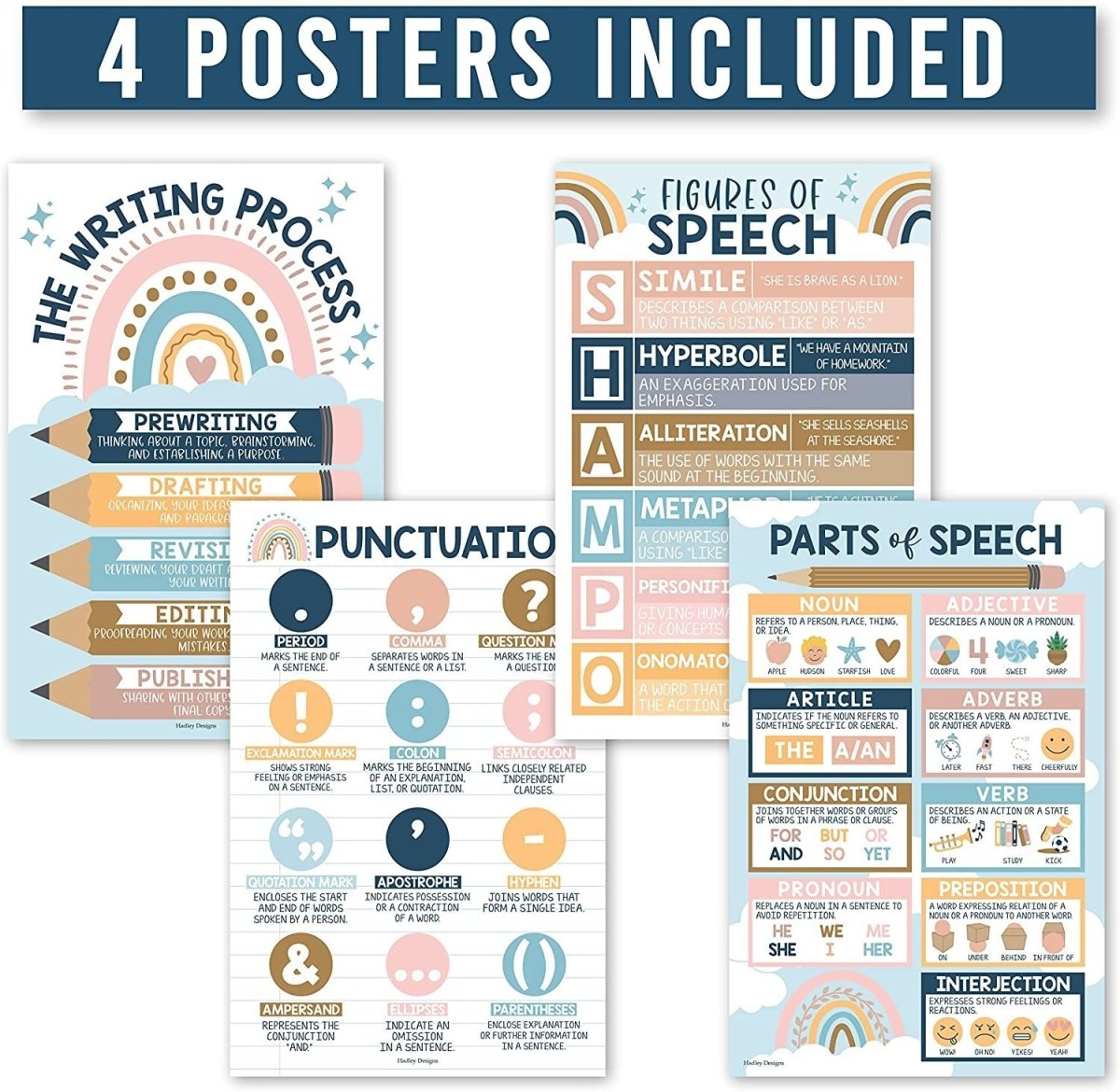 Boho Rainbow Grammar Posters - Hadley Designs Prek