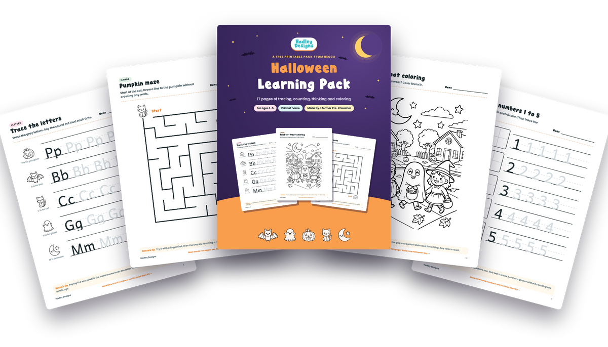 Becca's Halloween Learning Pack: the night-sky cover in front of tracing, maze, coloring and counting pages