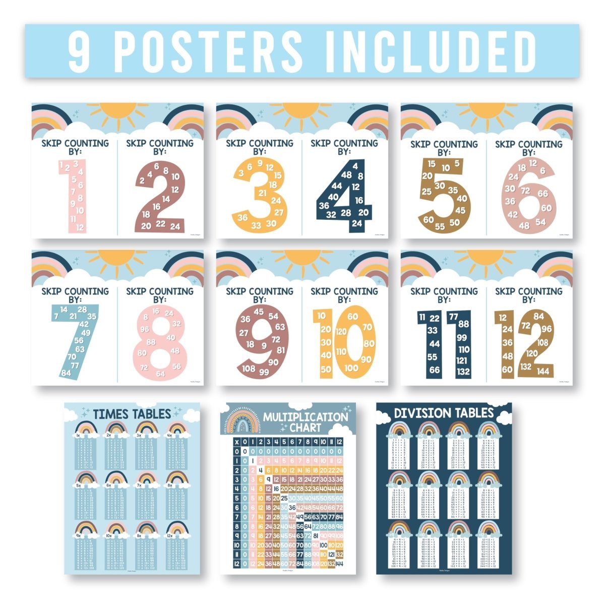 Multiplication & Division Kit: Boho 9 Poster Pack - Hadley Designs Prek