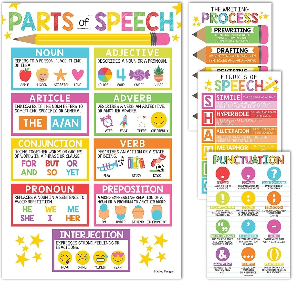 Parts of Speech Kit: Colorful 4 Poster Pack - Hadley Designs Prek