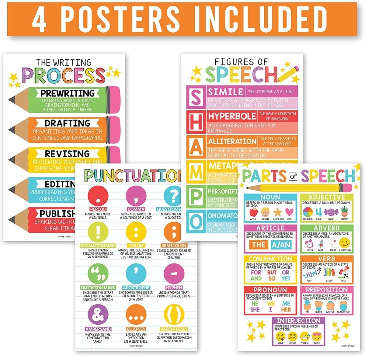 Parts of Speech Kit: Colorful 4 Poster Pack - Hadley Designs Prek