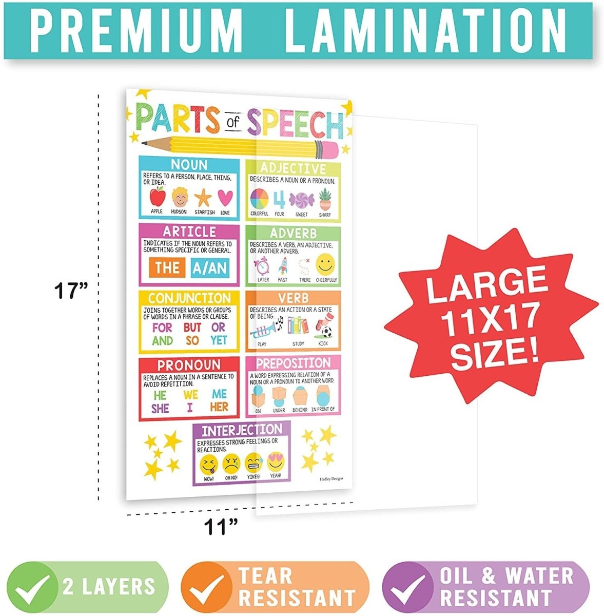 Parts of Speech Kit: Colorful 4 Poster Pack - Hadley Designs Prek