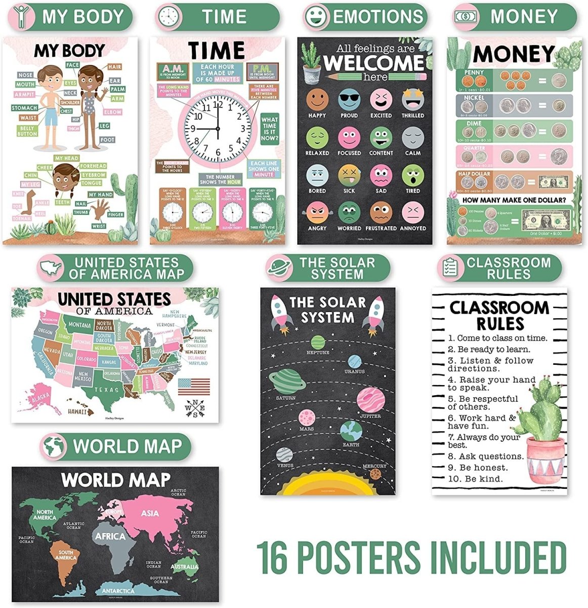 Preschool Head Start Kit, Cactus 16 Poster Pack - Hadley Designs Prek
