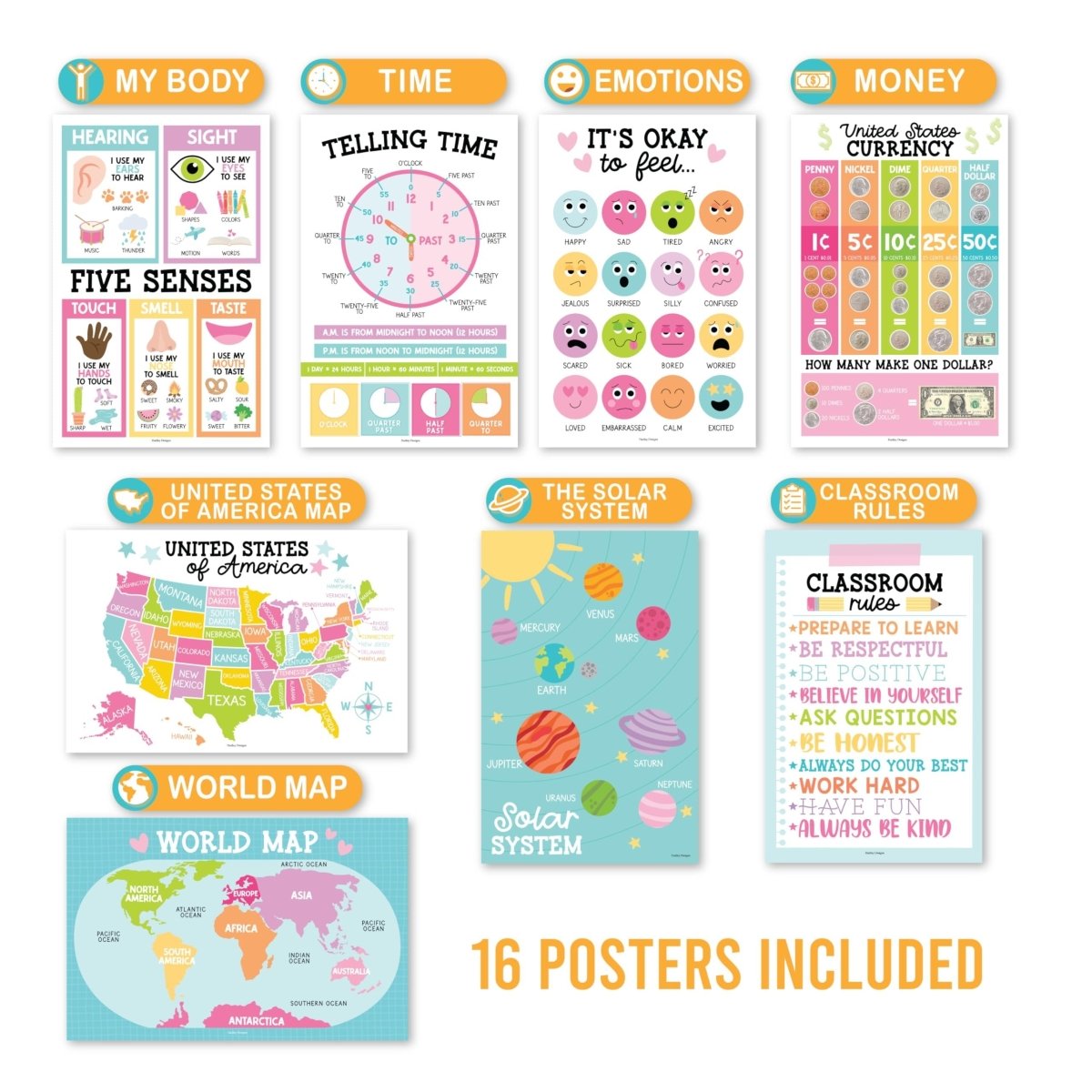 Preschool Head Start Kit, Colorful Pastel 16 Poster Pack - Hadley Designs Prek