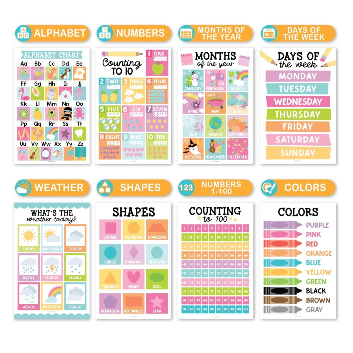 Preschool Head Start Kit, Colorful Pastel 16 Poster Pack - Hadley Designs Prek