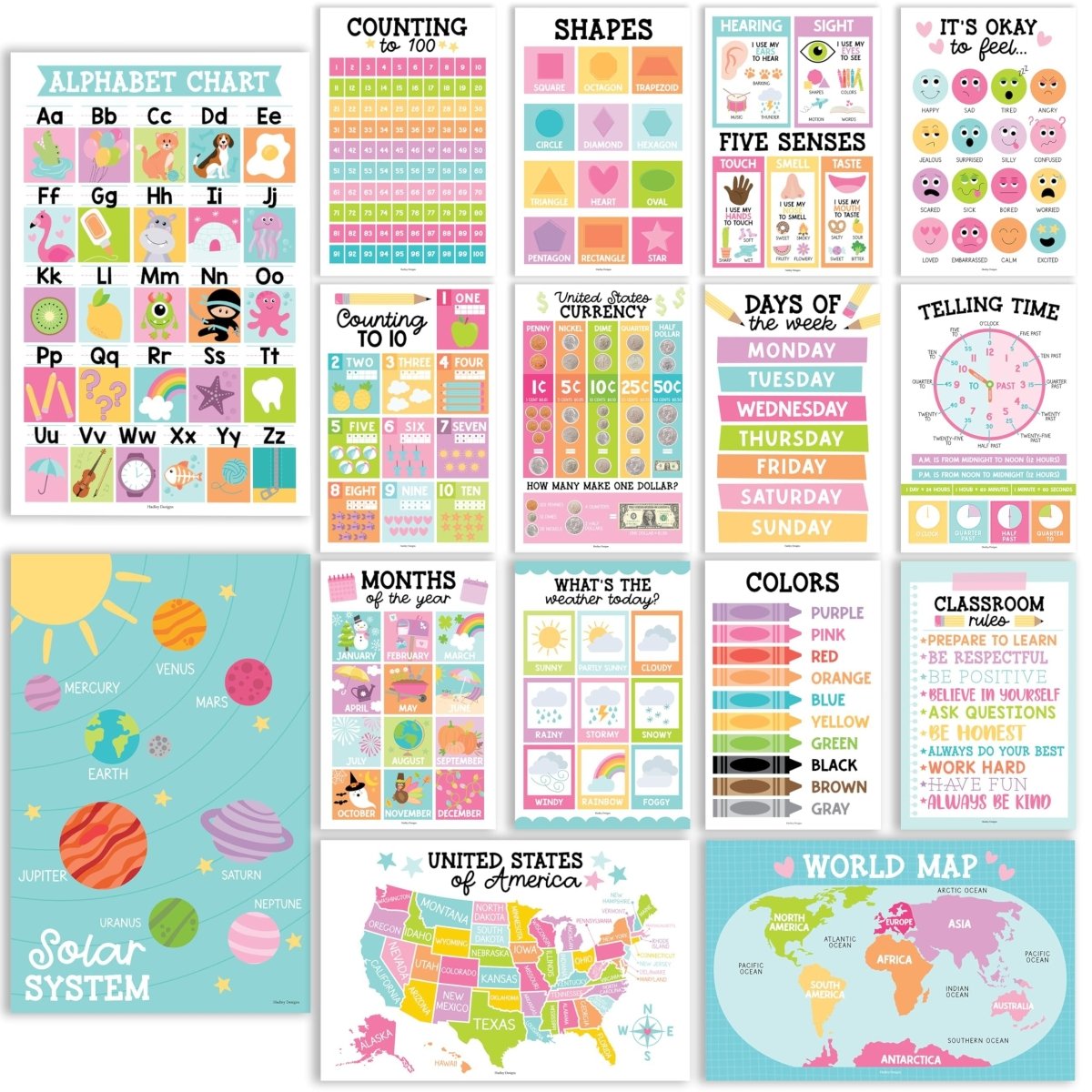 Preschool Head Start Kit, Colorful Pastel 16 Poster Pack - Hadley Designs Prek