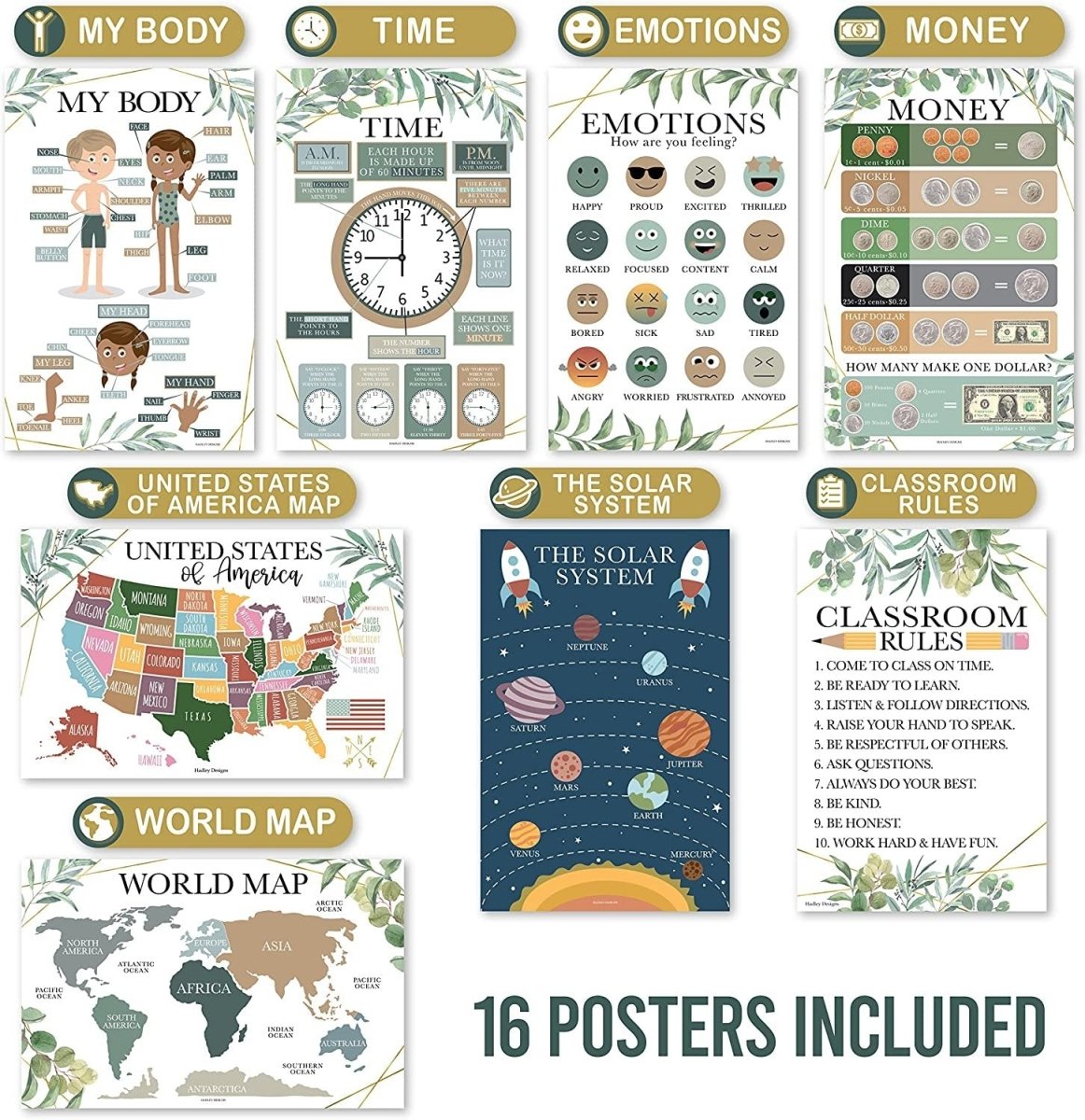 Preschool Head Start Kit, Greenery 16 Poster Pack - Hadley Designs Prek