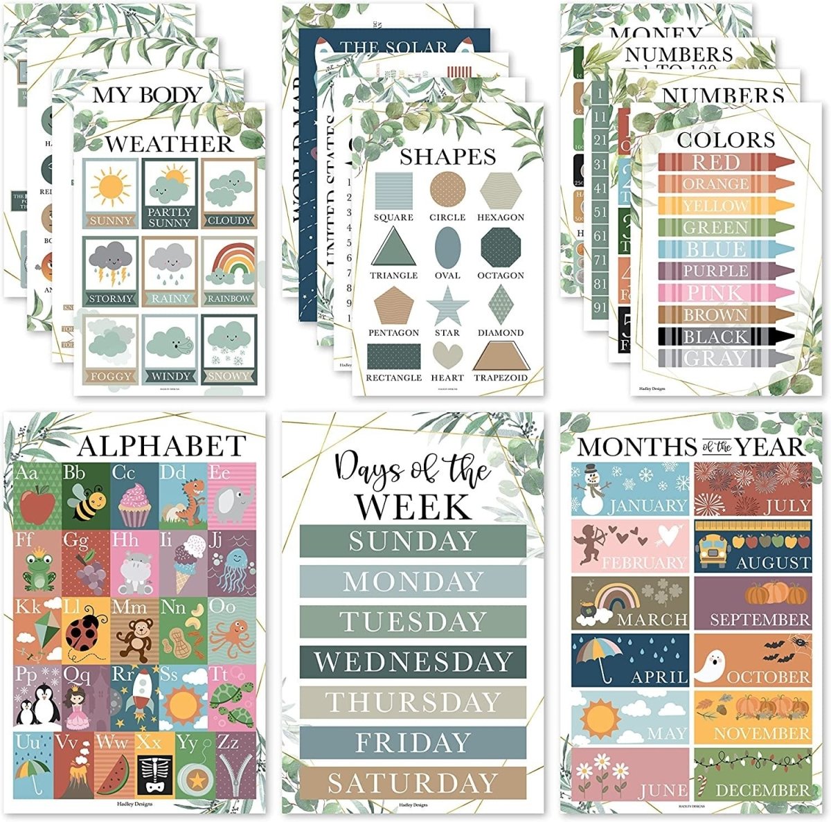 Preschool Head Start Kit, Greenery 16 Poster Pack - Hadley Designs Prek