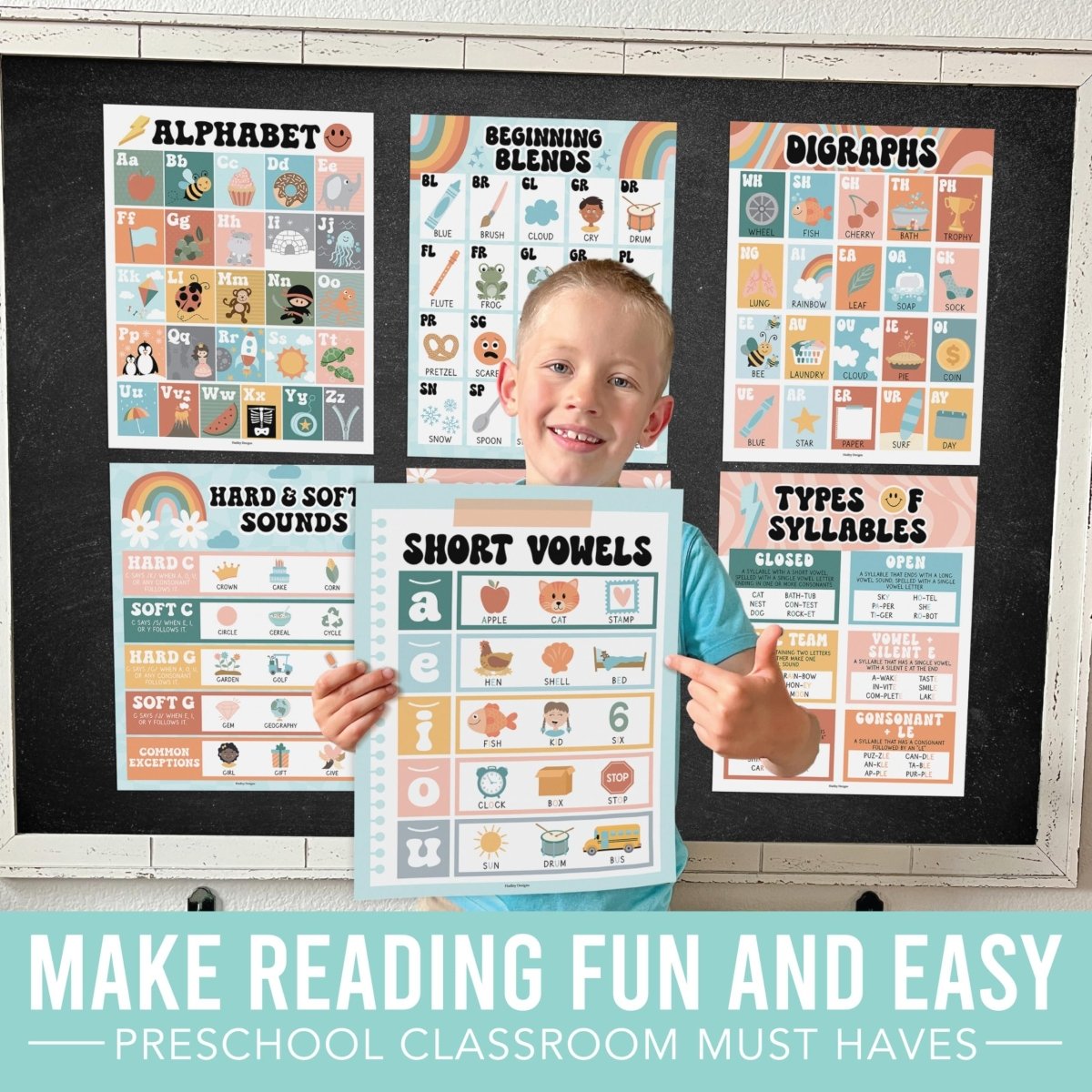 Retro Phonics & Vowel Posters | Set of 9 | Educational Posters - Hadley Designs Prek