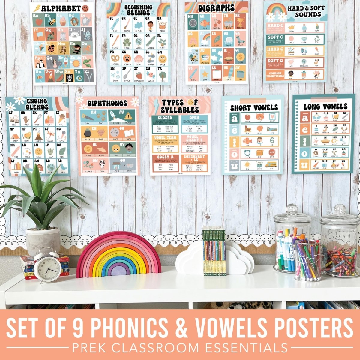 Retro Phonics & Vowel Posters | Set of 9 | Educational Posters - Hadley Designs Prek