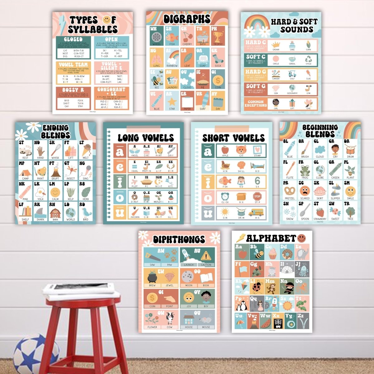 Retro Phonics & Vowel Posters | Set of 9 | Educational Posters - Hadley Designs Prek
