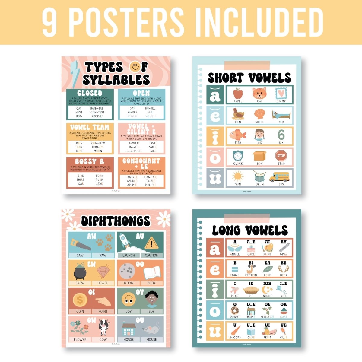 Retro Phonics & Vowel Posters | Set of 9 | Educational Posters - Hadley Designs Prek