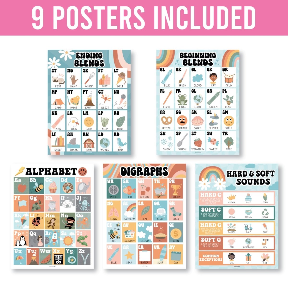 Retro Phonics & Vowel Posters | Set of 9 | Educational Posters - Hadley Designs Prek