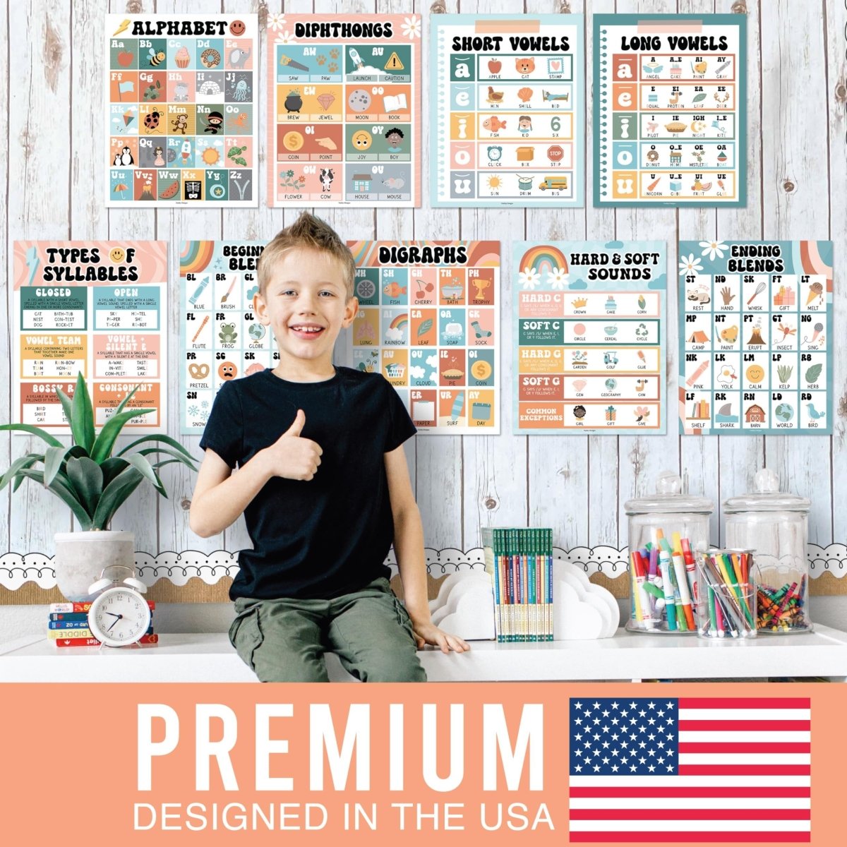 Retro Phonics & Vowel Posters | Set of 9 | Educational Posters - Hadley Designs Prek