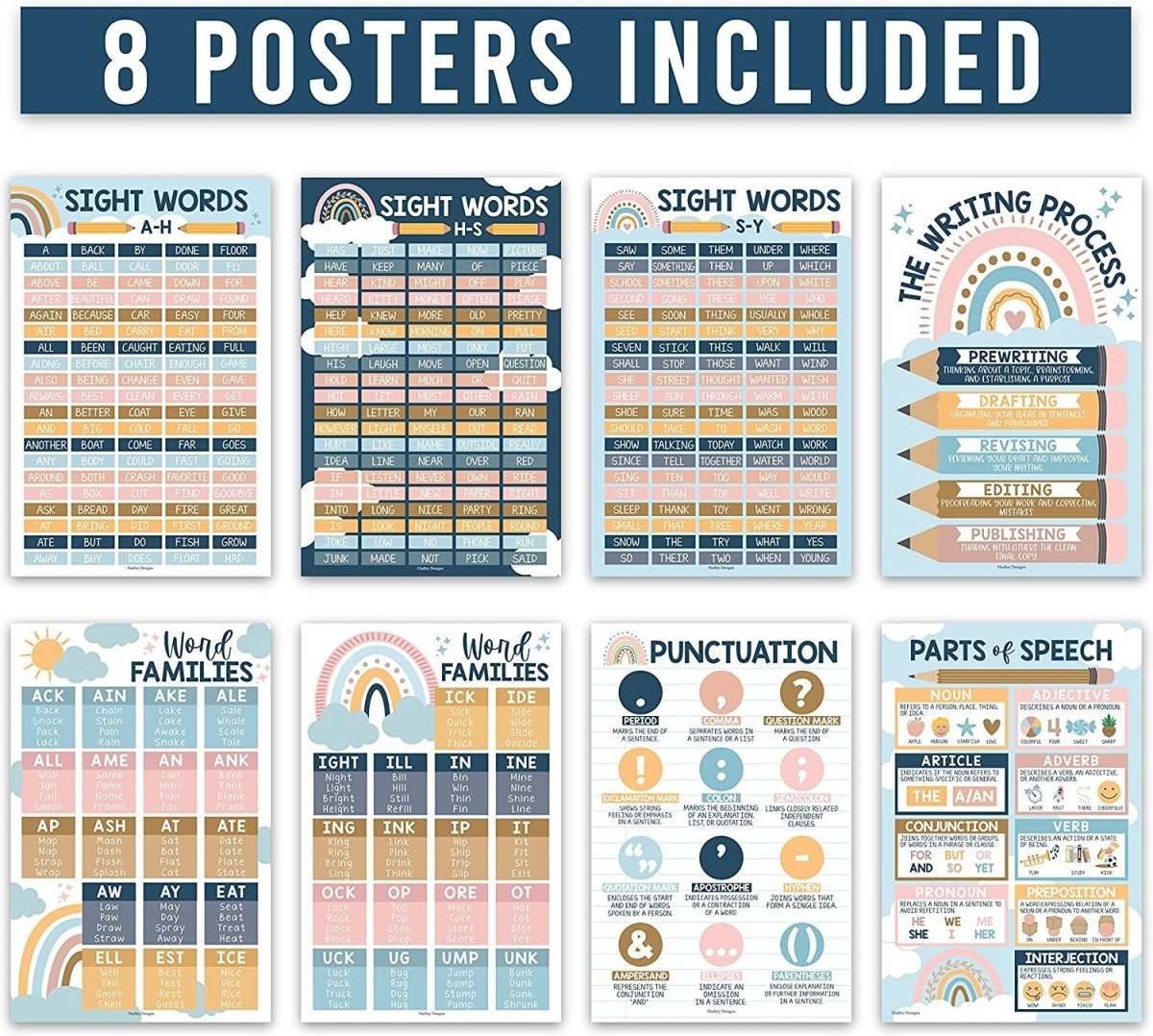 Sight Words Reading Kit: Boho 8 Poster Pack - Hadley Designs Prek