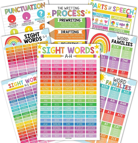 Sight Words Reading Kit: Colorful 8 Poster Pack - Hadley Designs Prek