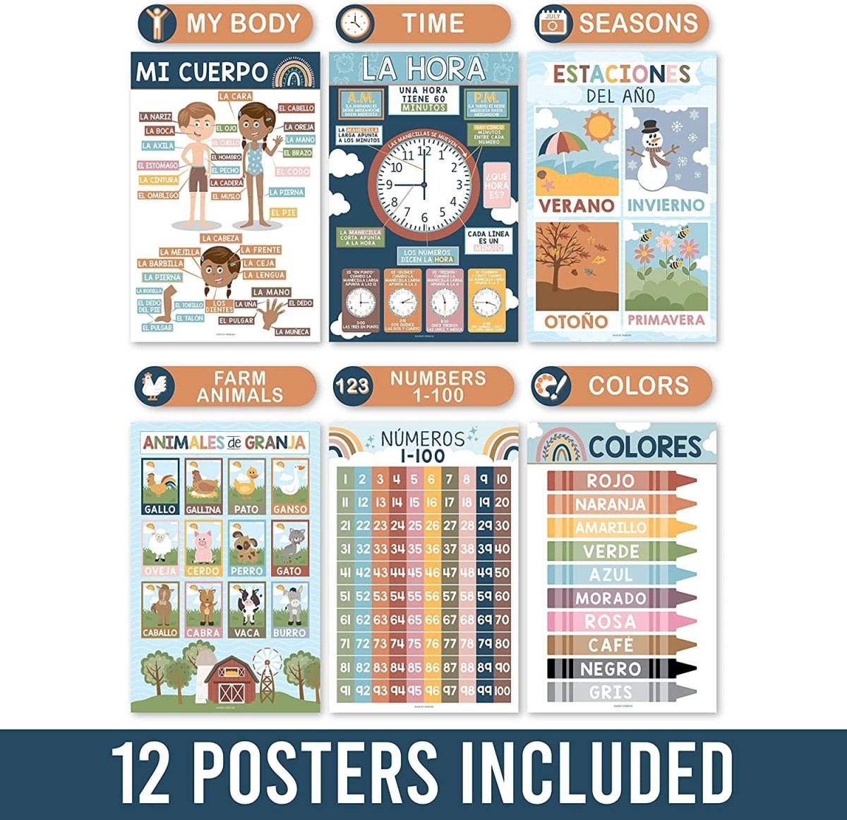 Spanish Head Start Kit: Boho 12 Poster Pack - Hadley Designs Prek