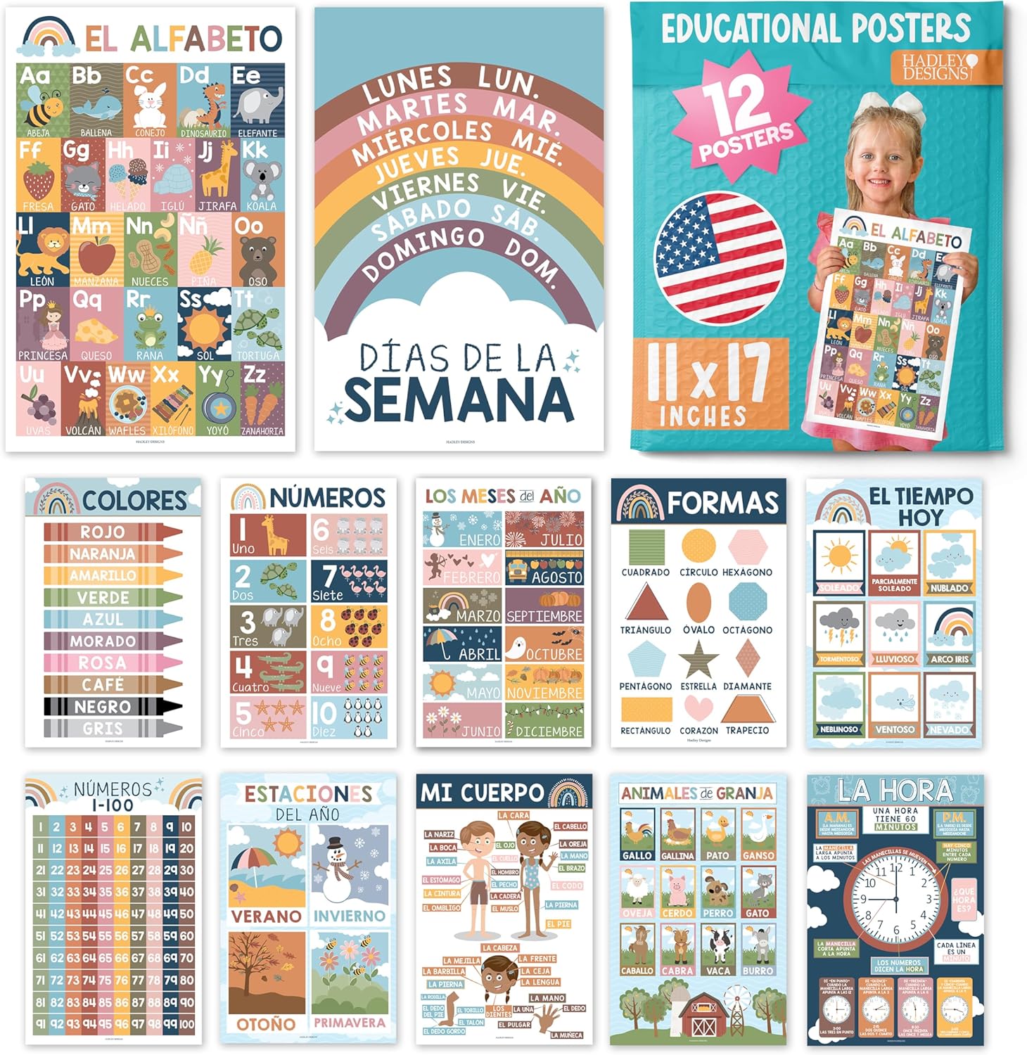 Spanish Pre-K Kit: Boho 12 Poster Pack