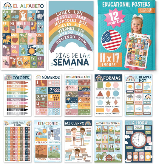 Spanish Pre-K Kit: Boho 12 Poster Pack