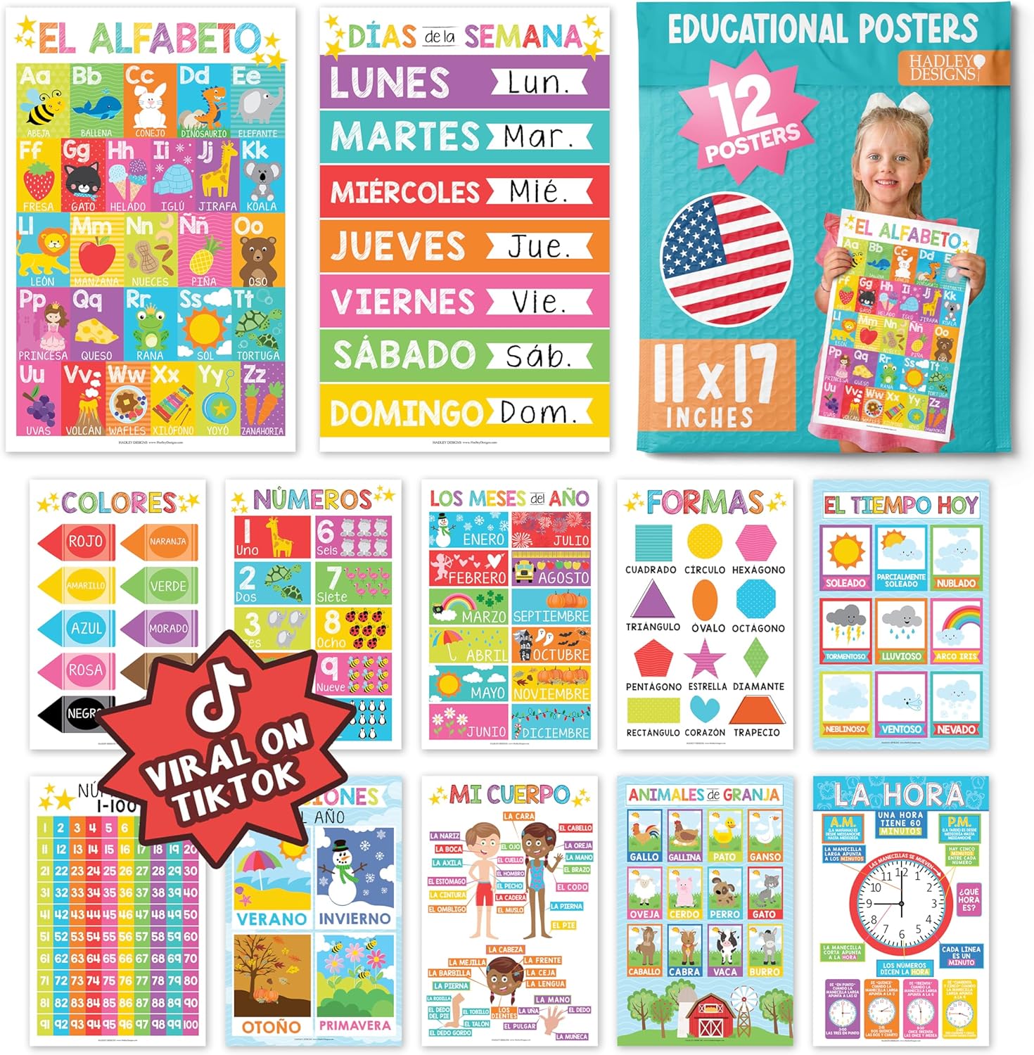 Spanish Pre-K Kit, Colorful 12 Poster Pack