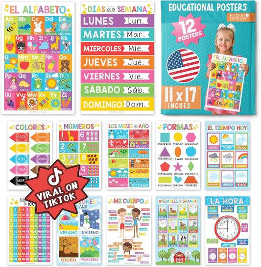 Spanish Pre-K Kit, Colorful 12 Poster Pack