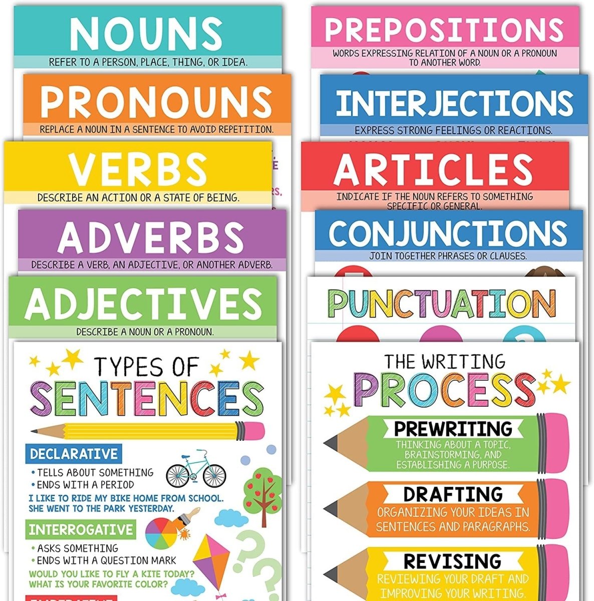 Writing & Grammar Kit: Colorful 12 Poster Pack - Hadley Designs Prek